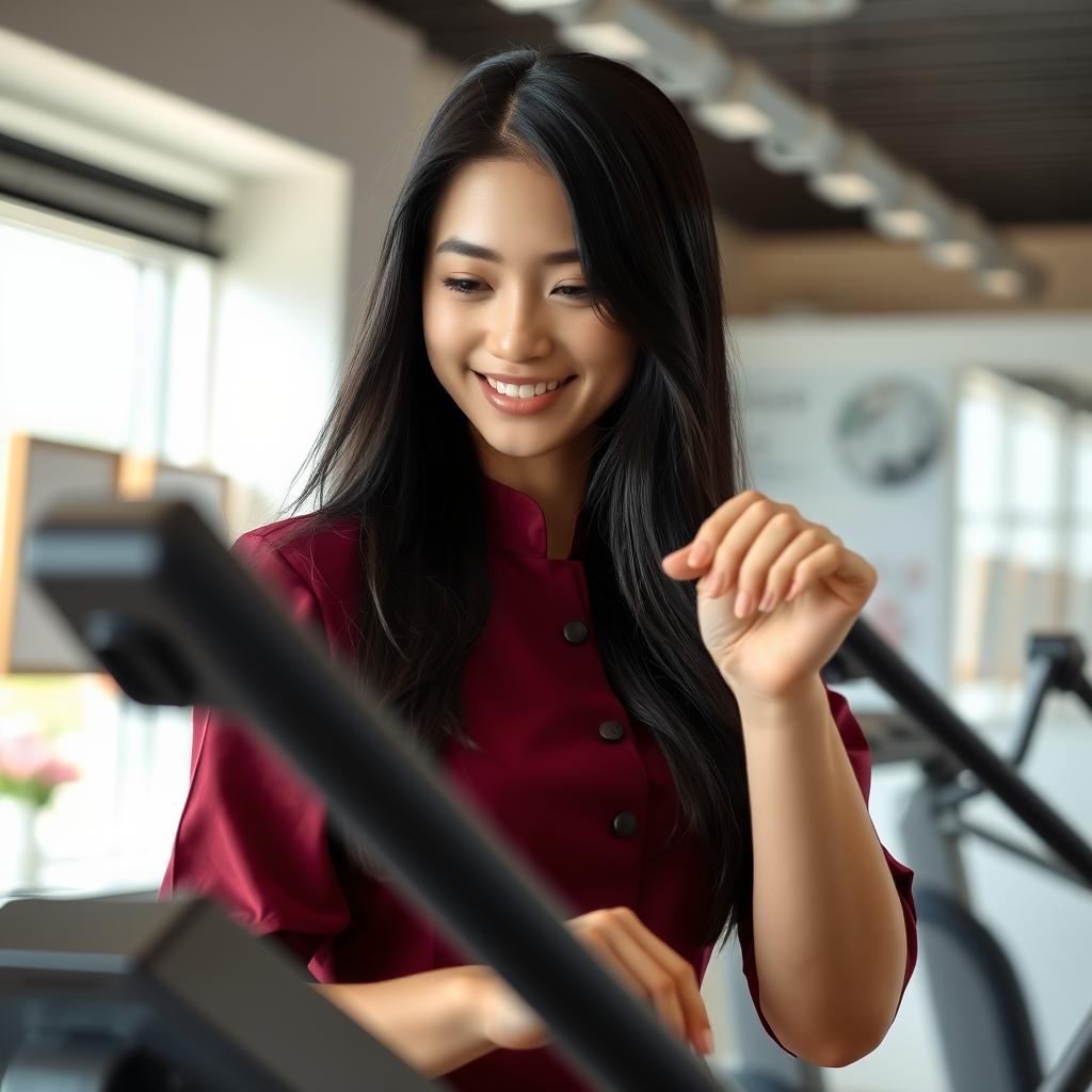 A realistic portrait of a beautiful girl with long black hair, dressed in a stylish burgundy uniform, engaged in her duties at a slimming clinic