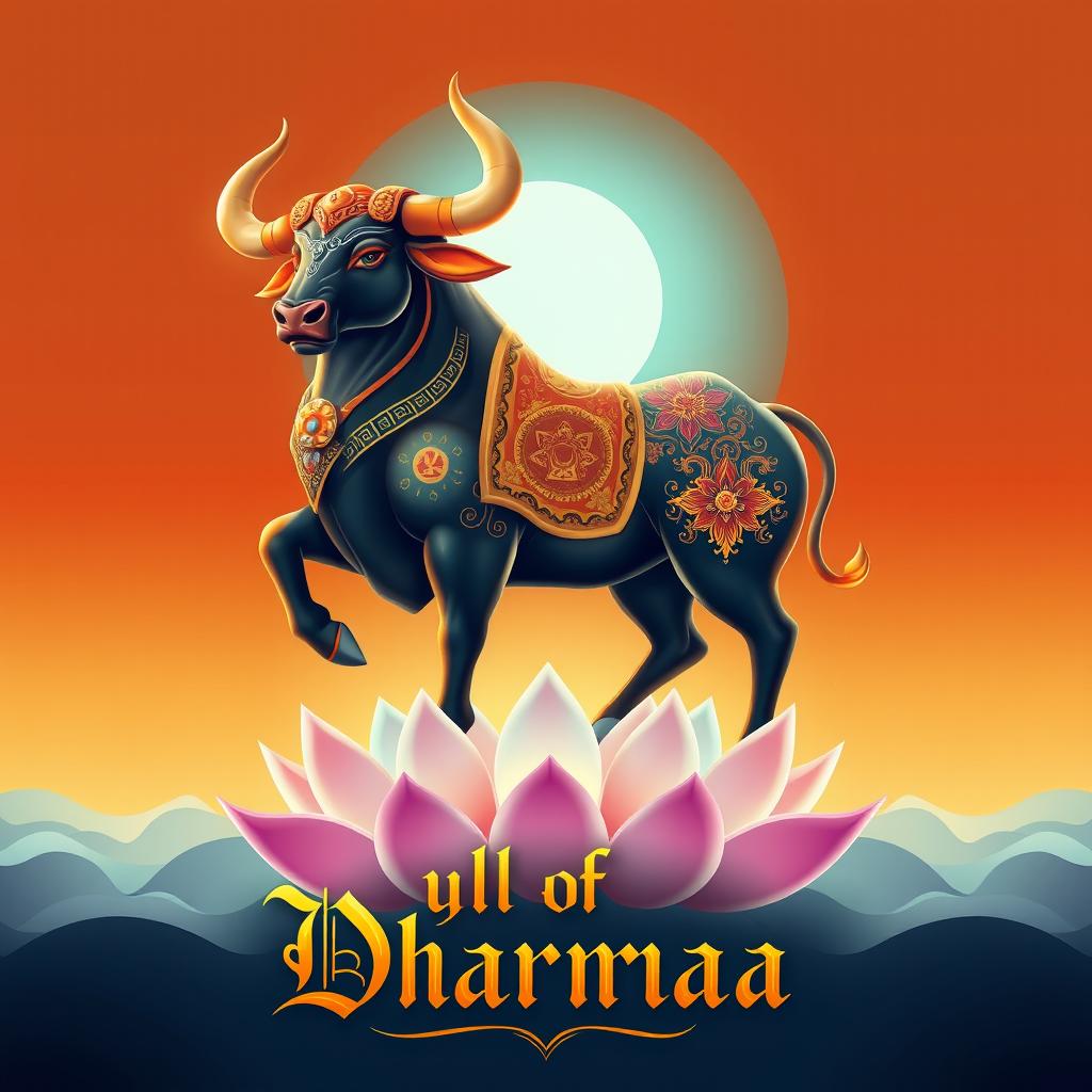 A visually striking poster of the Bull of Dharma, showcasing a majestic bull symbolizing strength and enlightenment