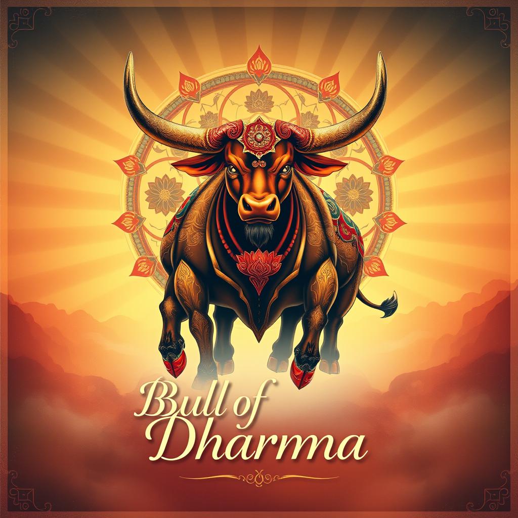 A captivating poster of the Bull of Dharma, illustrating a powerful and enlightened bull embodying strength and wisdom