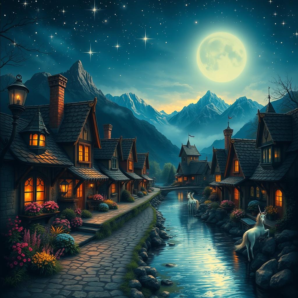 A night scene depicting a fantasy village under a starlit sky, with quaint cobblestone streets and charming cottages
