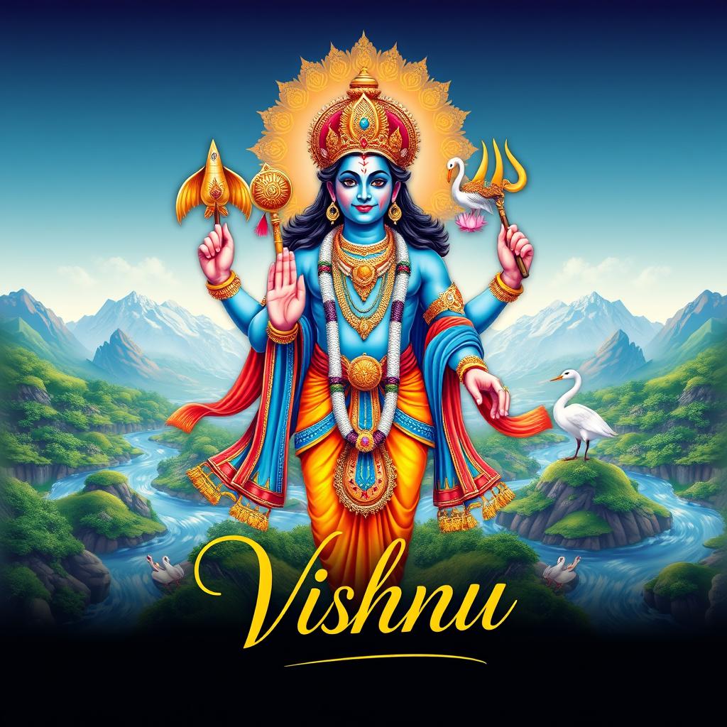 An elaborate and colorful poster depicting Lord Vishnu, the preserver and protector of the universe in Hindu mythology