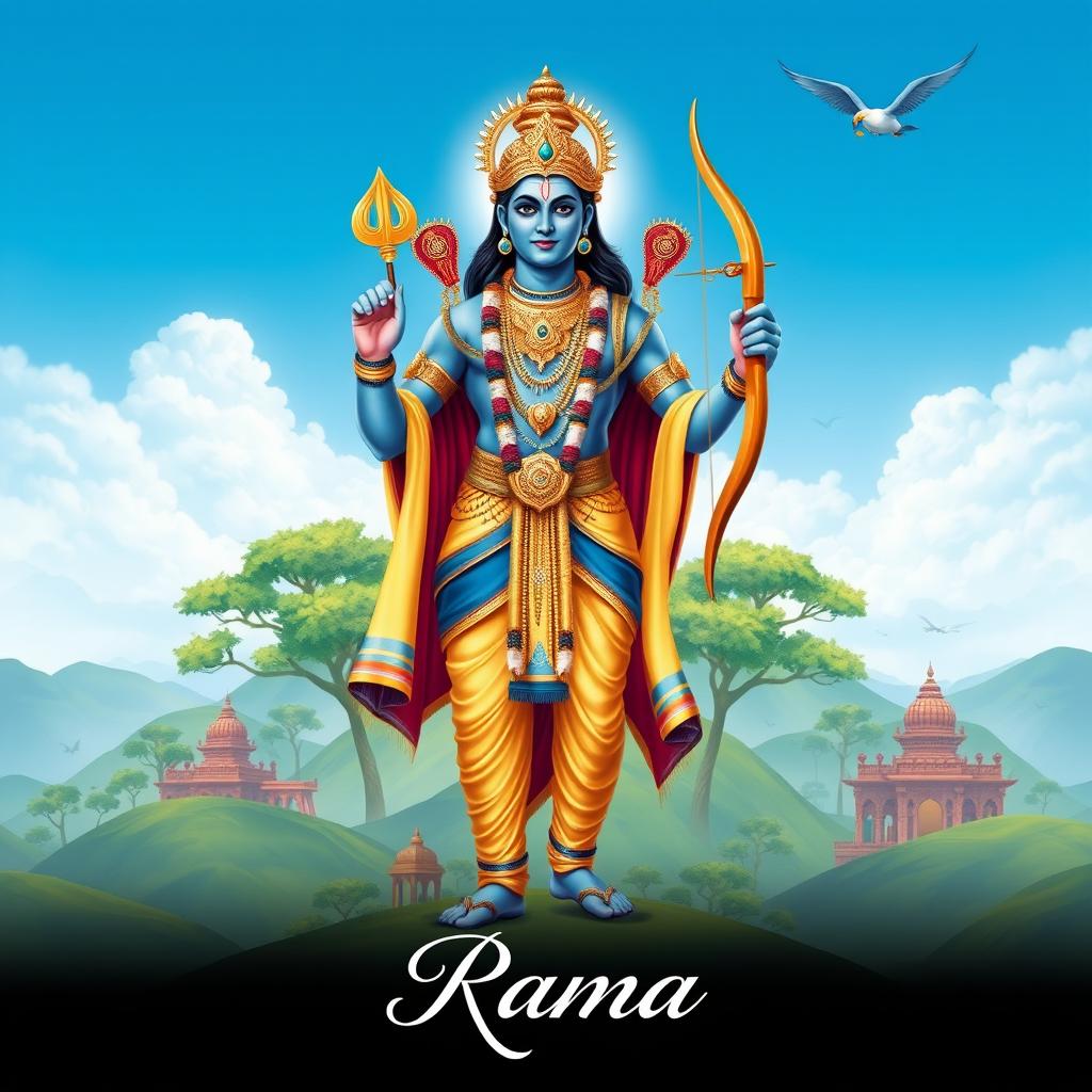 A stunning poster portraying Lord Rama, a central figure in Hindu mythology known for his virtue and heroic deeds