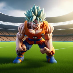 A 3D animation of Goku, the iconic anime character, dynamically positioned on a lush rugby field, ready to spring into action