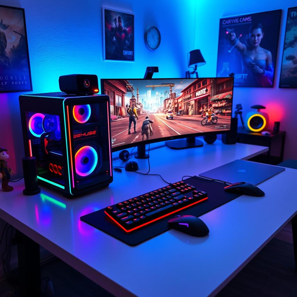 A stunning gaming setup, featuring a sleek gaming PC with multicolored RGB lighting, an ultra-wide monitor displaying a vibrant video game scene, a stylish mechanical keyboard with customizable keys, and a high-end gaming mouse