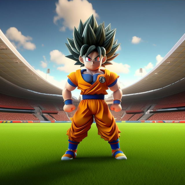 A 3D animation of Goku, the iconic anime character, dynamically positioned on a lush rugby field, ready to spring into action