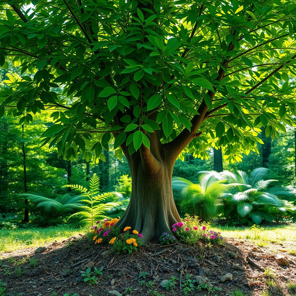A realistic image of a thriving tree in a vibrant forest setting, showcasing the beauty of nature