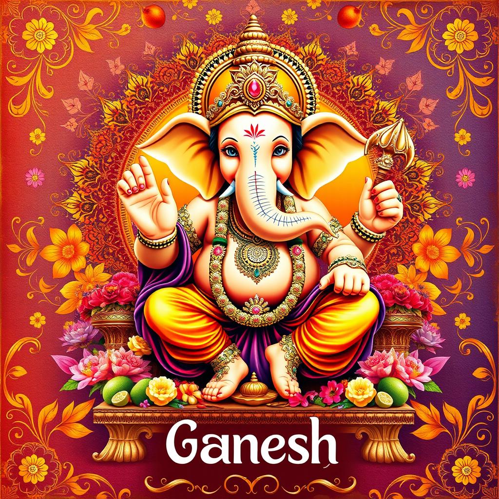 An intricate and colorful poster featuring Lord Ganesh, the beloved elephant-headed god of wisdom and prosperity in Hinduism