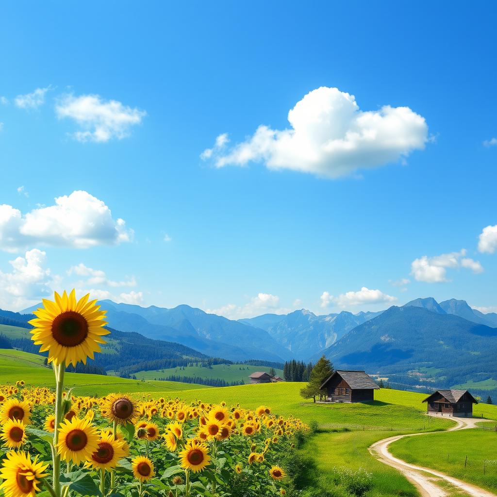 A beautiful landscape of Ukraine showcasing lush green fields and the stunning Carpathian Mountains in the background