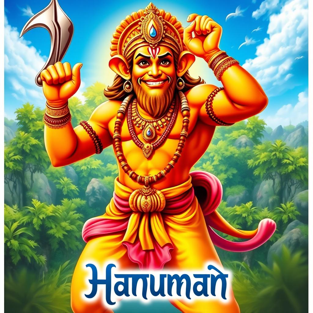 A vibrant and captivating poster of Lord Hanuman, the revered monkey god of Hindu mythology