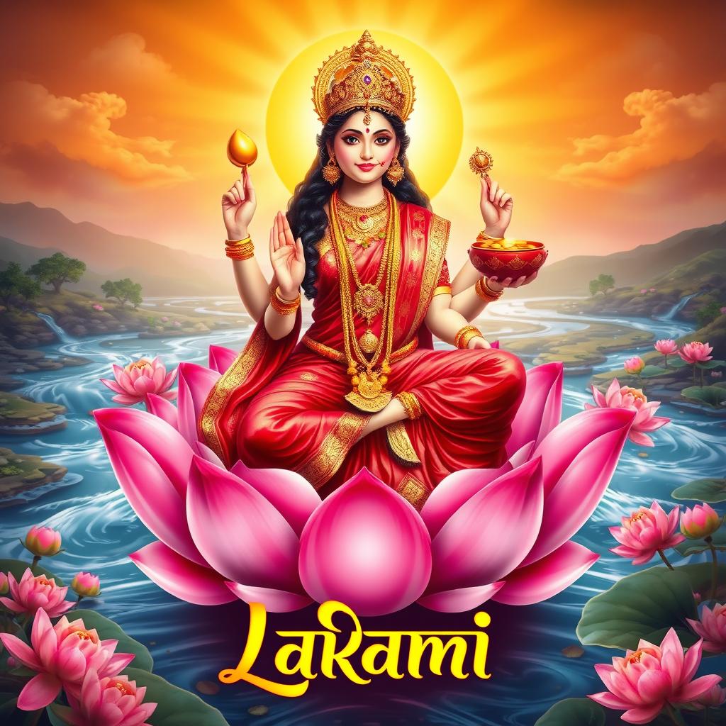 A beautiful and radiant poster of Goddess Lakshmi, the revered goddess of wealth, fortune, and prosperity in Hindu mythology