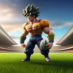 A 3D animation of Goku, the iconic anime character, dynamically positioned on a lush rugby field, ready to spring into action