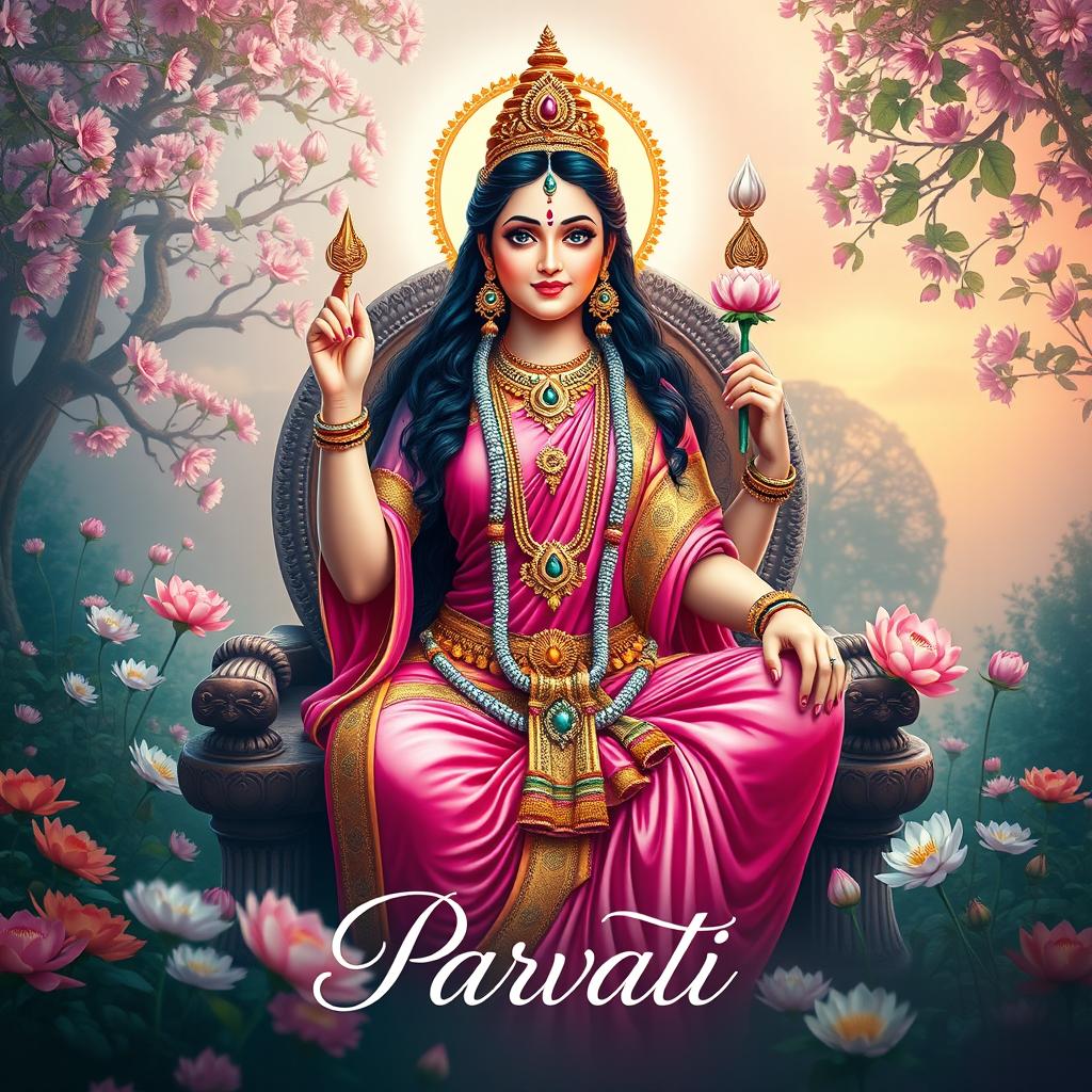 A serene and enchanting poster of Goddess Parvati, the Hindu goddess of love, fertility, and devotion