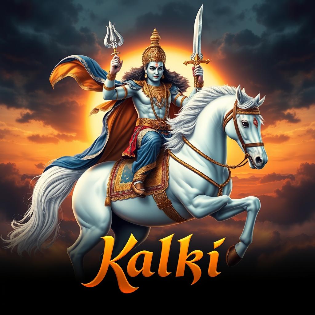 An awe-inspiring poster of Lord Kalki, the prophesied tenth avatar of Vishnu, depicted as a fierce and heroic figure