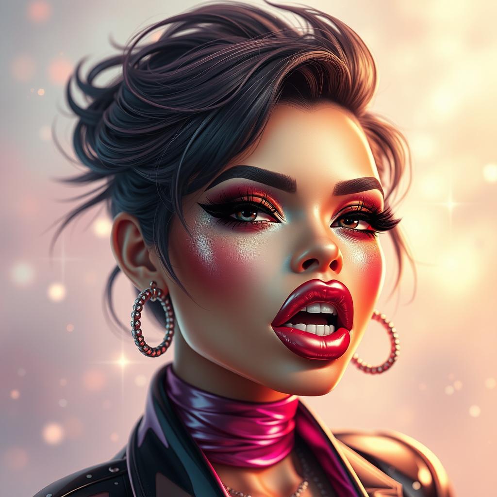 A creative interpretation of a fantasy character inspired by the persona of a famous pop singer, featuring strikingly exaggerated lips that symbolize allure and confidence