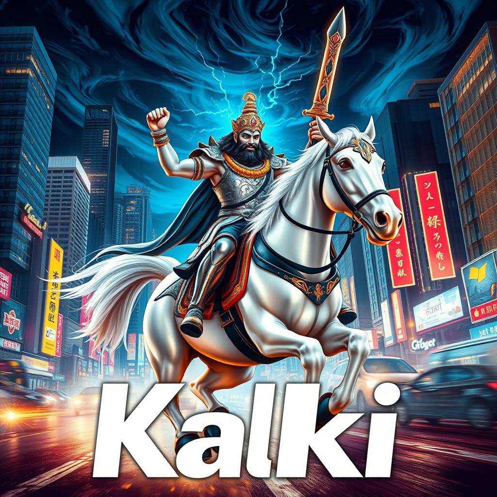 An electrifying urban city poster of Lord Kalki, the prophesied avatar of Vishnu, portrayed as a dynamic and modern hero