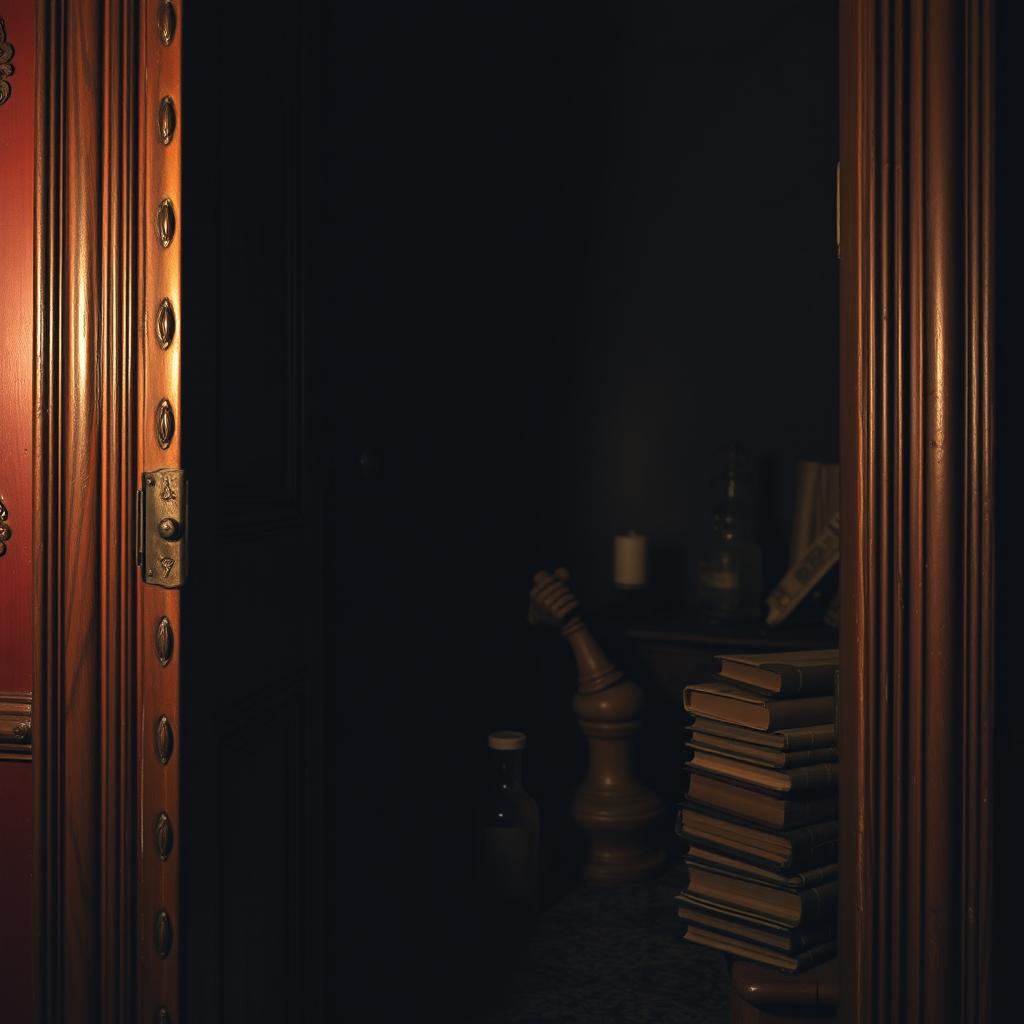 A detailed view of an old Victorian bedroom door, slightly ajar, revealing a dark and ominous room beyond