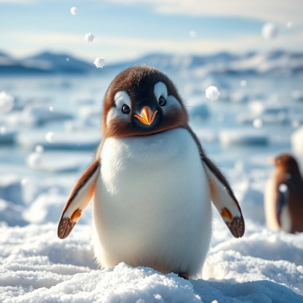A cute and fluffy penguin standing on a snowy landscape, with a backdrop of icy blue sea and distant mountains