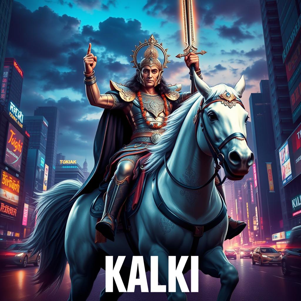 A dramatic urban city poster of Lord Kalki, the prophesied avatar of Vishnu, captured as a modern-day warrior