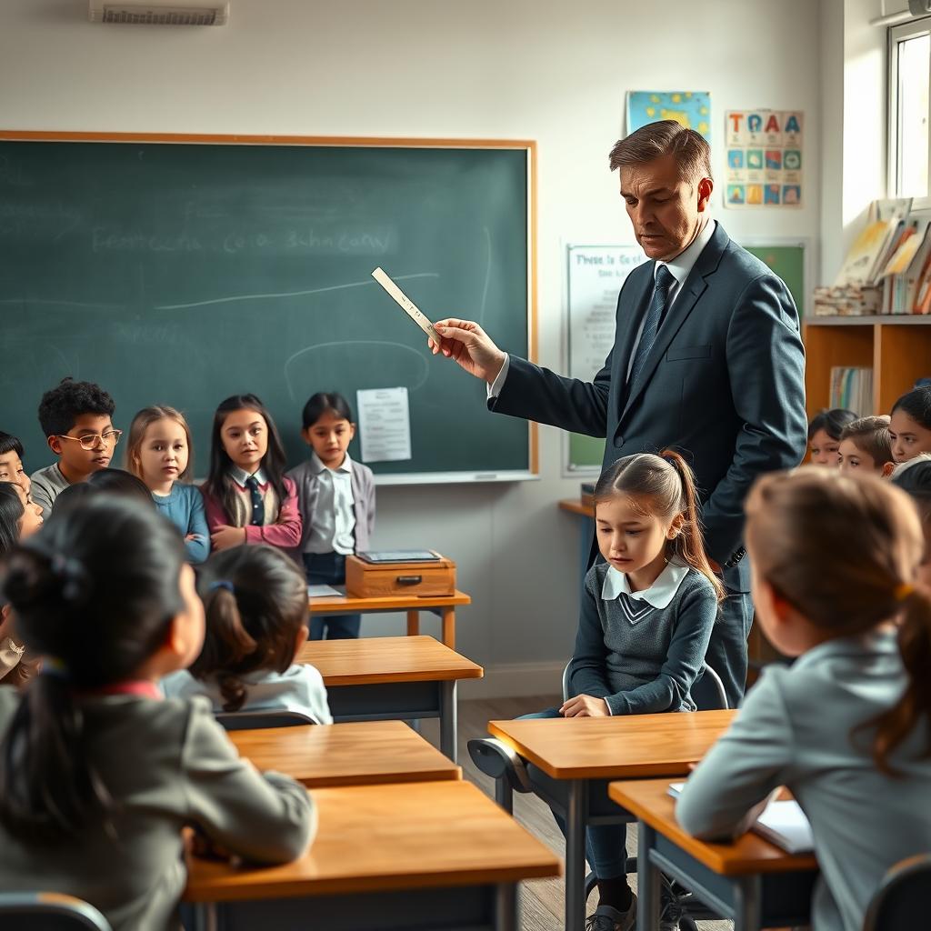 A classroom scene featuring a stern teacher punishing a well-behaved female student
