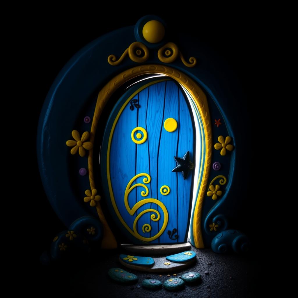 A whimsical door resembling the one from Coraline's book, featuring a round shape with intricate patterns and bright colors
