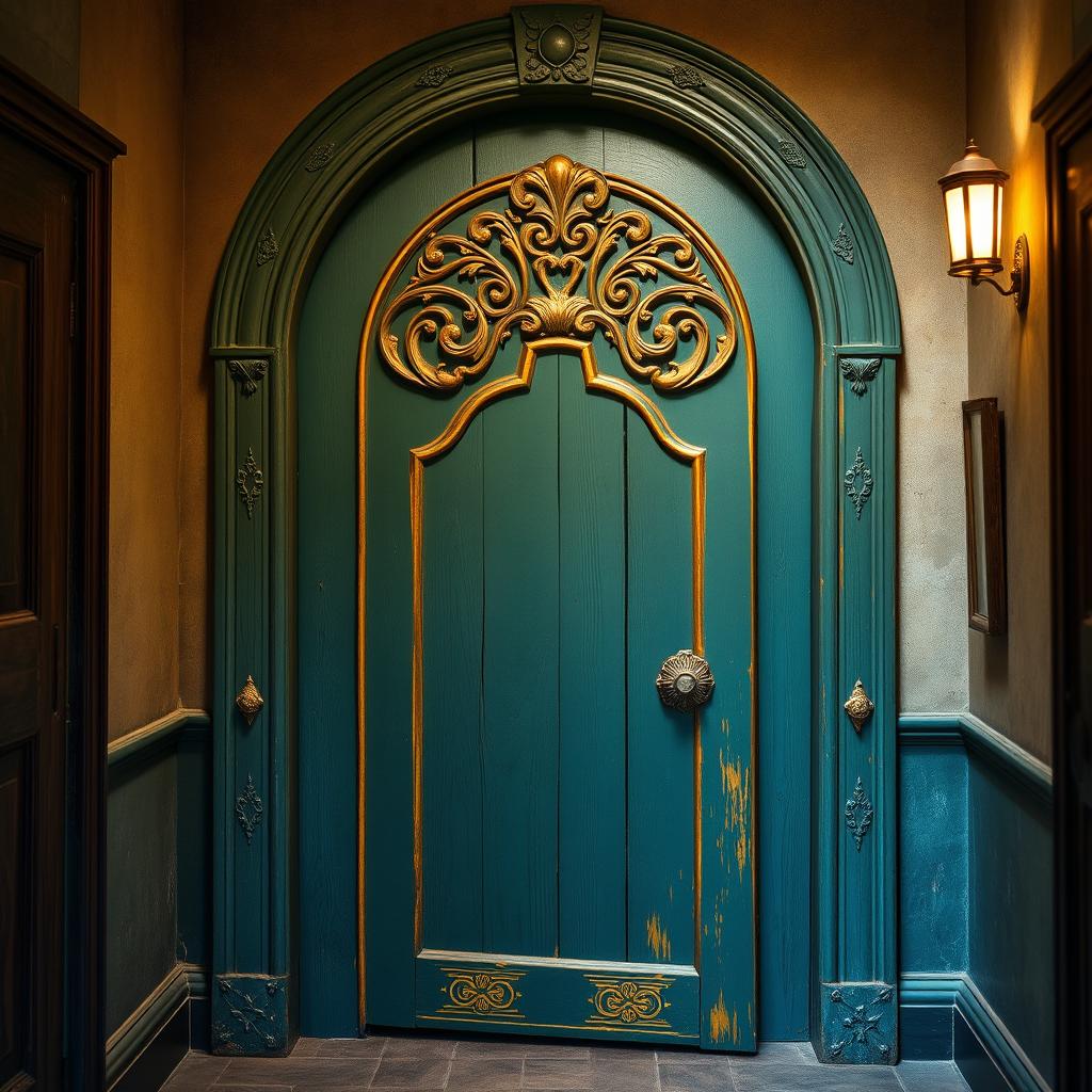 A realistic interpretation of a door inspired by Coraline's book door, showcasing a slightly arched top with intricate carvings