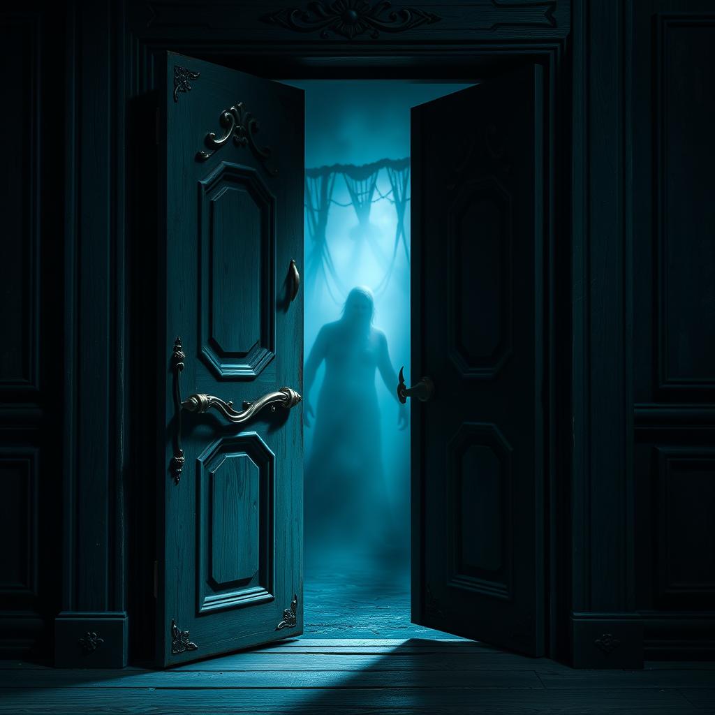 A realistic door inspired by Coraline's book door, crafted with dark, weathered wood and intricate carvings