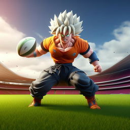 A 3D animation of Goku, the iconic anime character, dynamically positioned on a lush rugby field, ready to spring into action