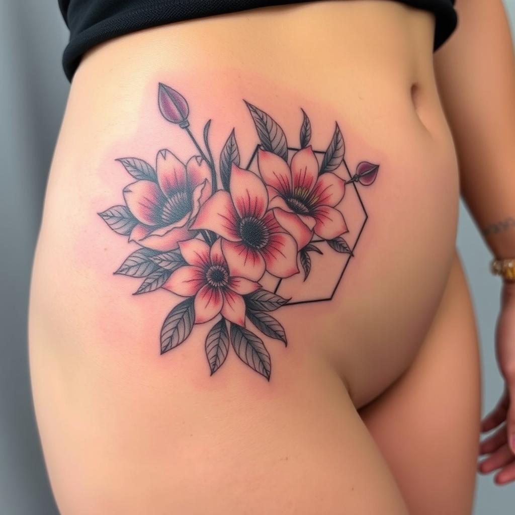 A detailed, intricate tattoo design placed on the left side of the pelvis