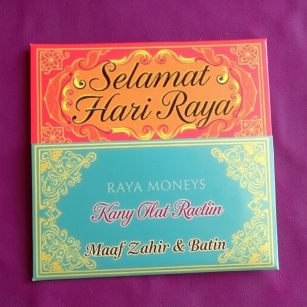A beautifully designed Raya money packet featuring a large, elegant title "Selamat Hari Raya" prominently displayed at the top