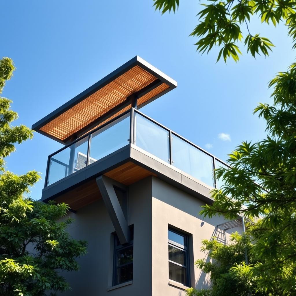 A building featuring a stylish balcony roof on the right side