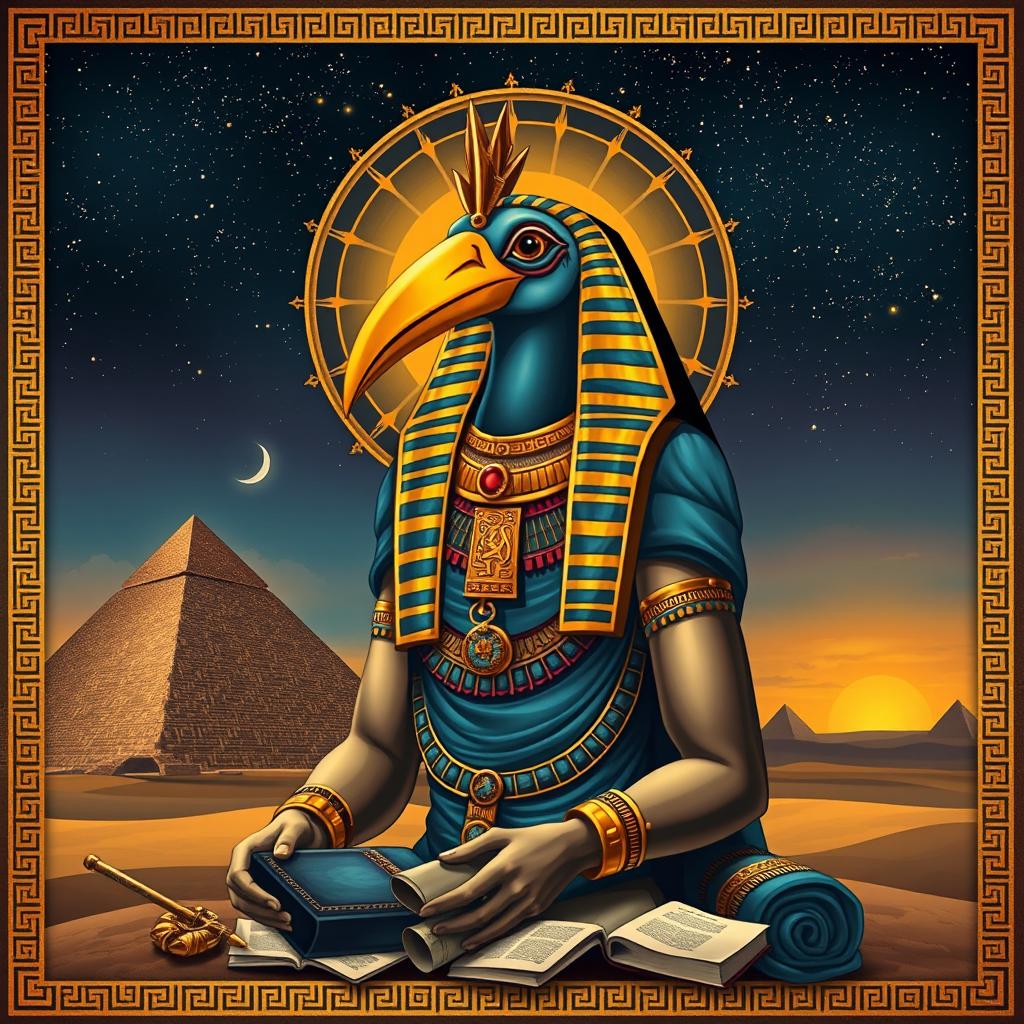 An artistic poster of Thoth, the Egyptian God of wisdom, writing, and knowledge