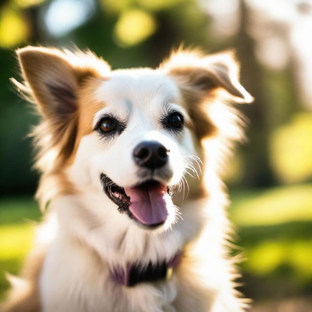 A lively and adorable dog with bright eyes and fluffy fur, playing joyfully in a sunlit park.