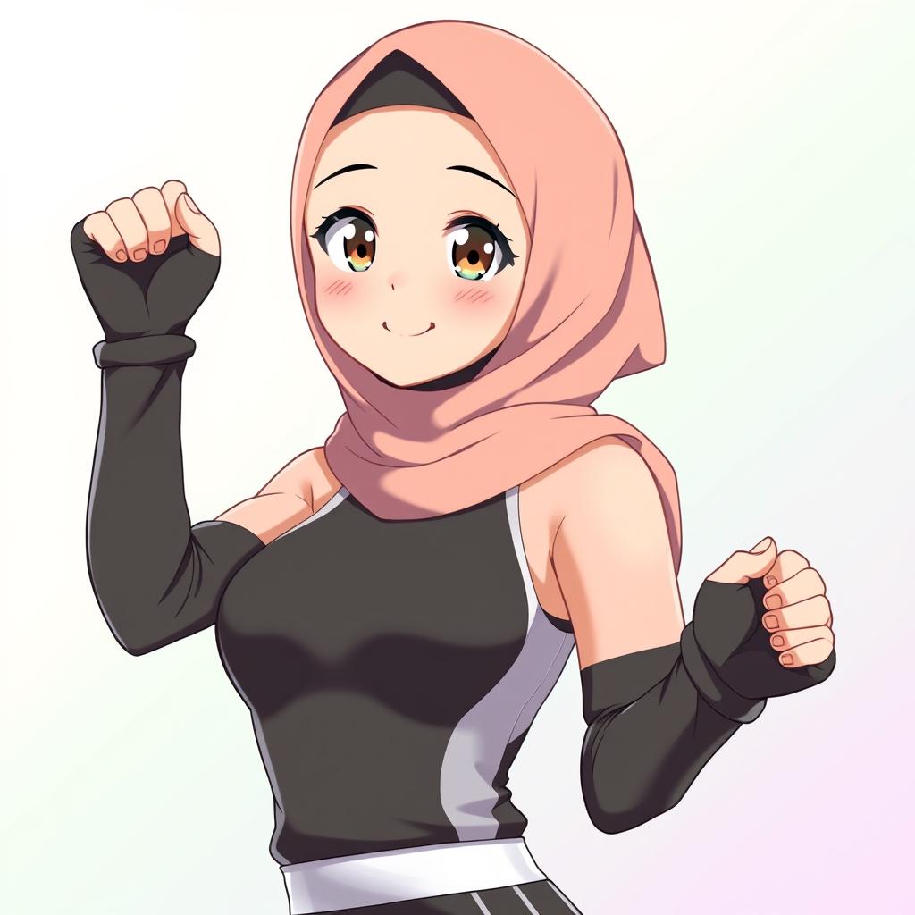 A cute Japanese anime-style waifu wearing stylish hijab sportswear