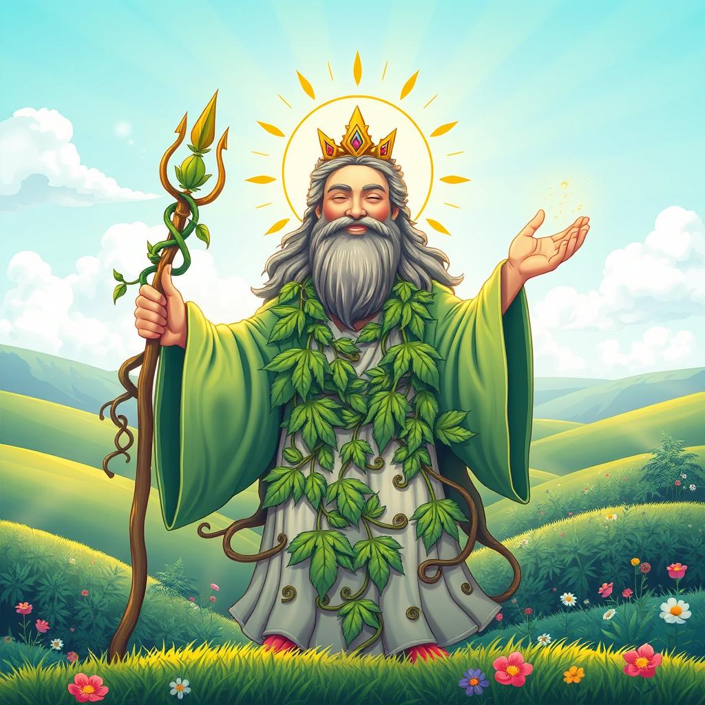 A whimsical and vibrant poster featuring the God of Cannabis, depicted as a serene deity with a flowing robe made of lush green leaves and adorned with intricate cannabis plant motifs