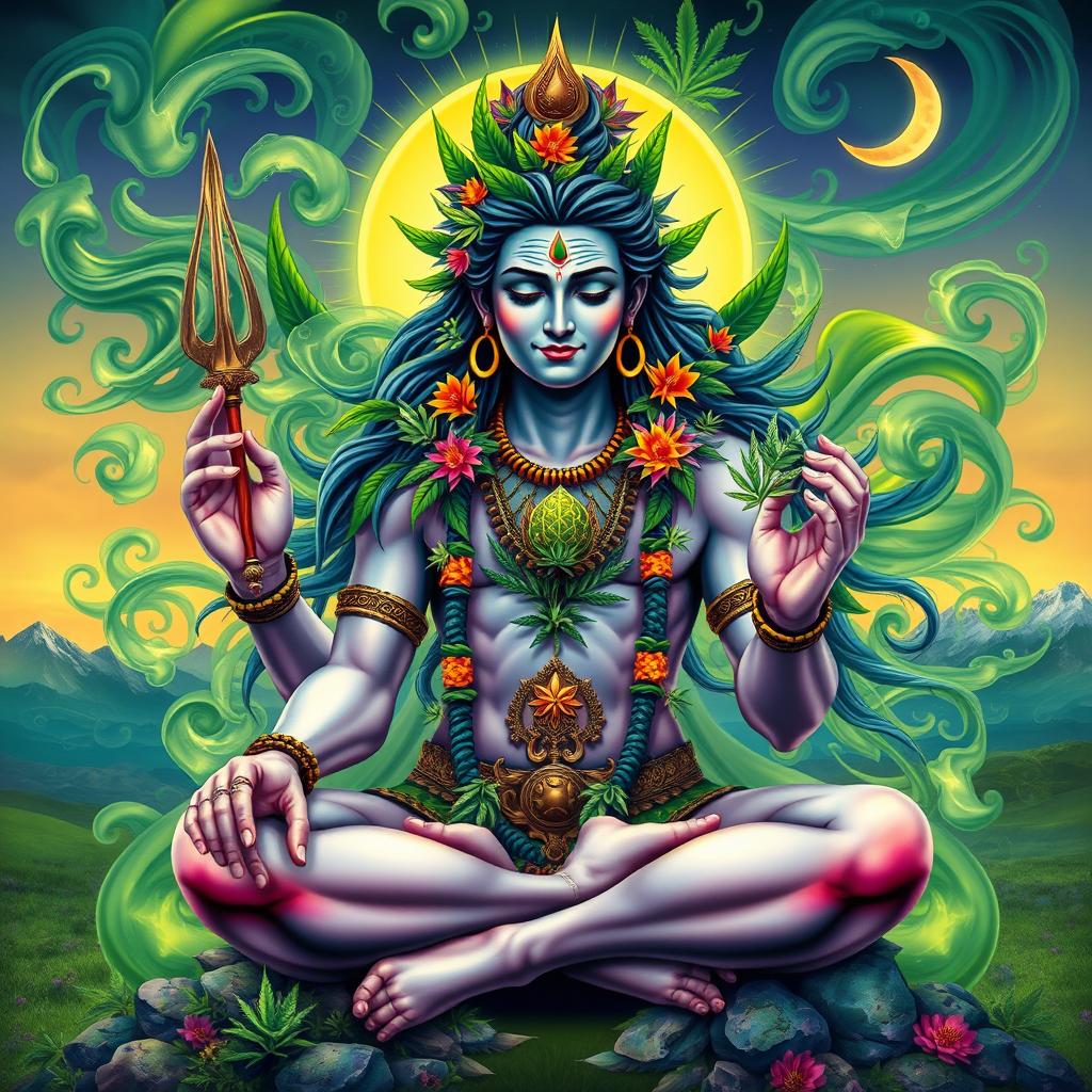 A mystical and vibrant portrayal of Shiva, the God of Cannabis, depicted with an ethereal aura