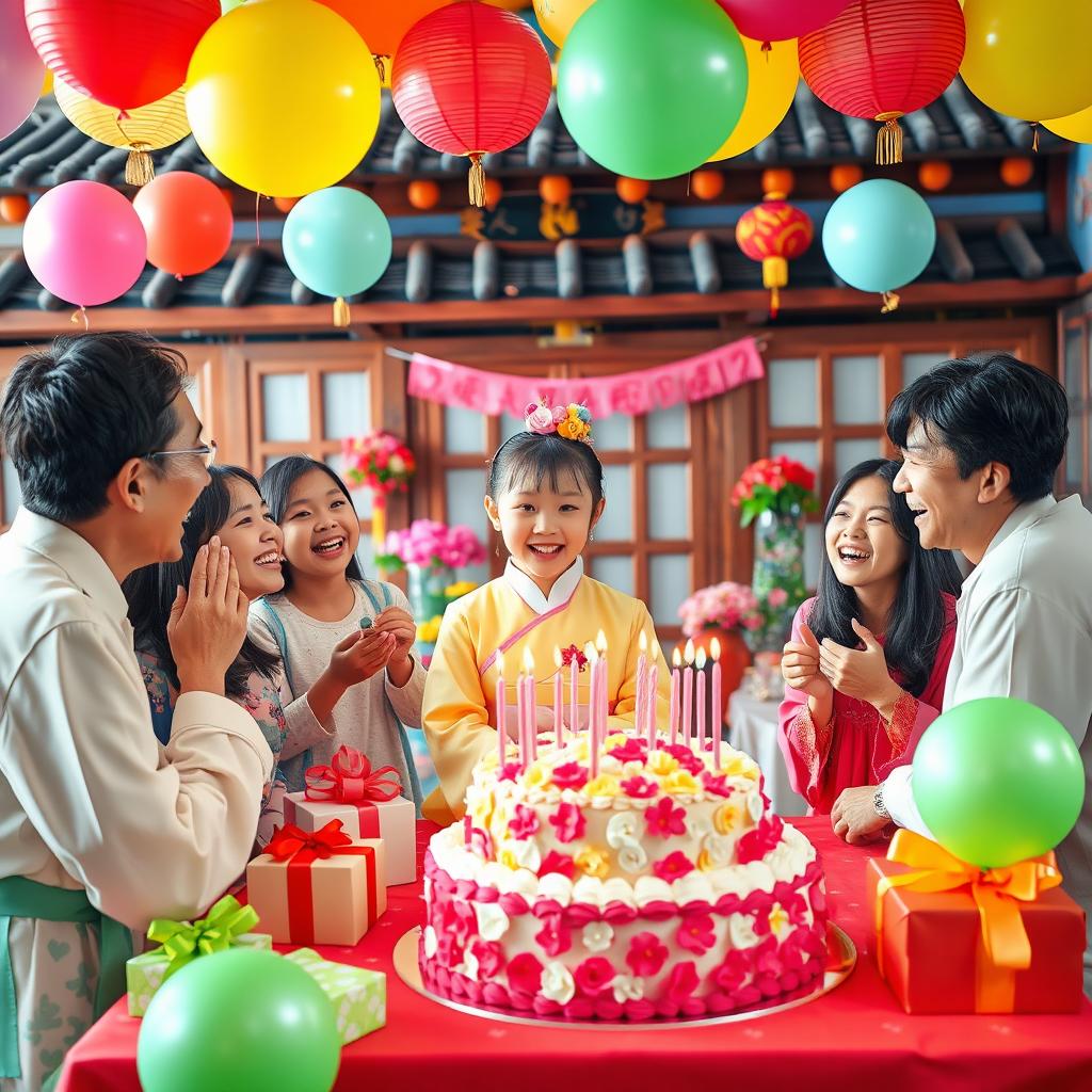 A vibrant and festive scene of a Korean girl's birthday celebration