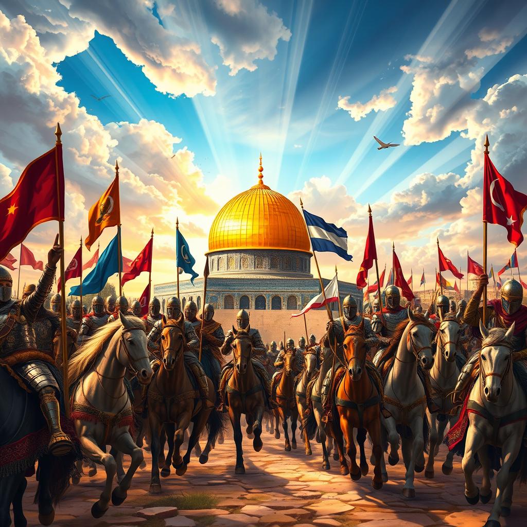 A vibrant and epic illustration of Islamic armies from various regions converging together in a majestic scene to liberate Al-Aqsa Mosque