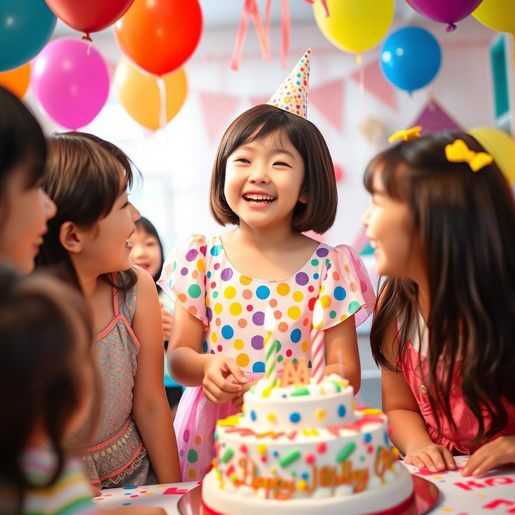A vibrant birthday celebration featuring a Korean girl with short hair, joyfully interacting with her friends