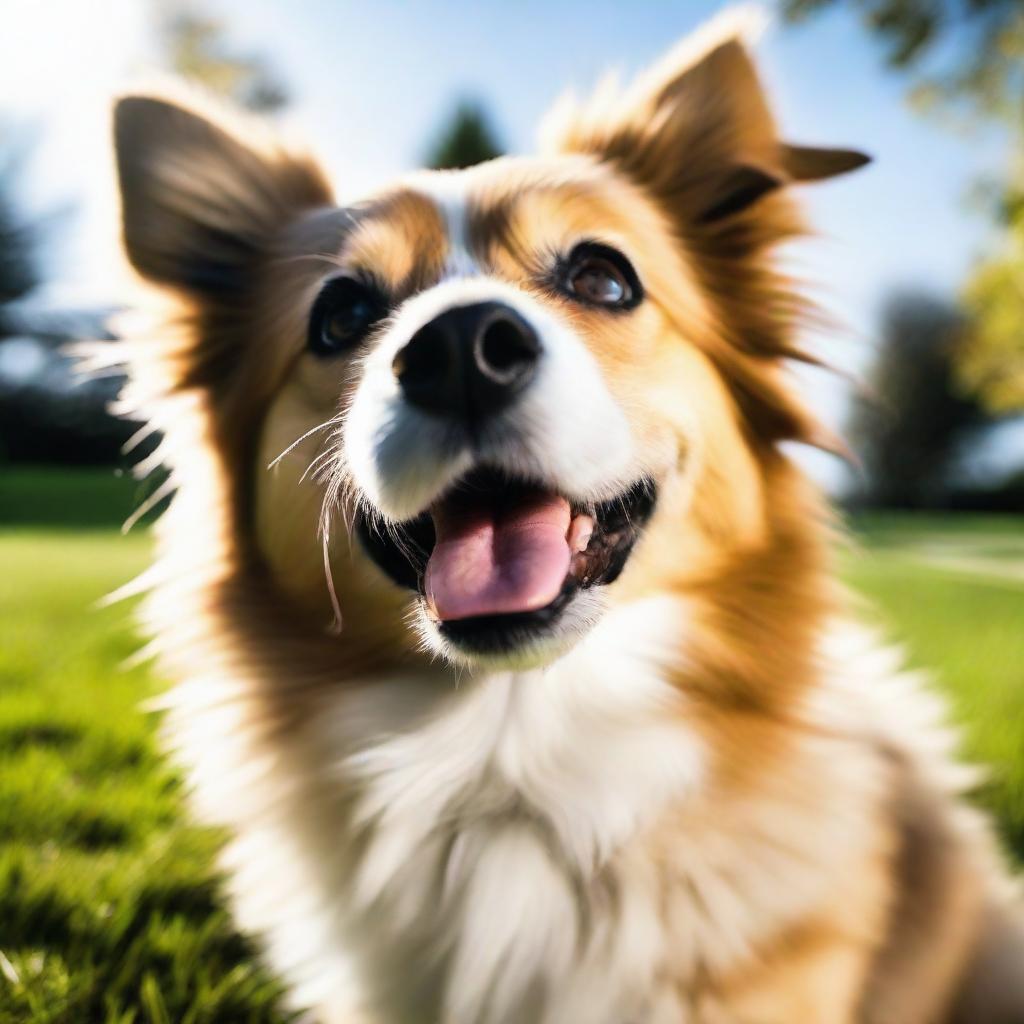 A lively and adorable dog with bright eyes and fluffy fur, playing joyfully in a sunlit park.