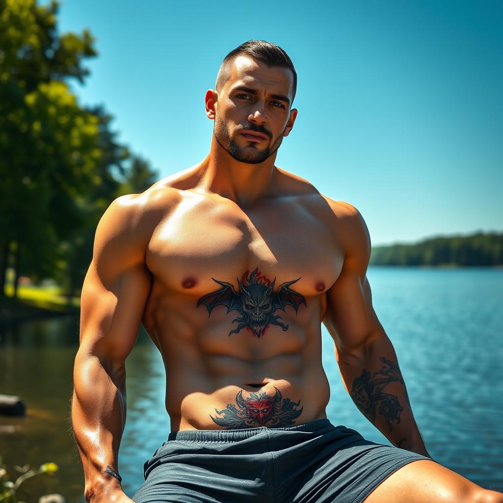 A muscular, tattooed man showing off his well-defined abs while sitting by a serene lakeside under a clear blue sky