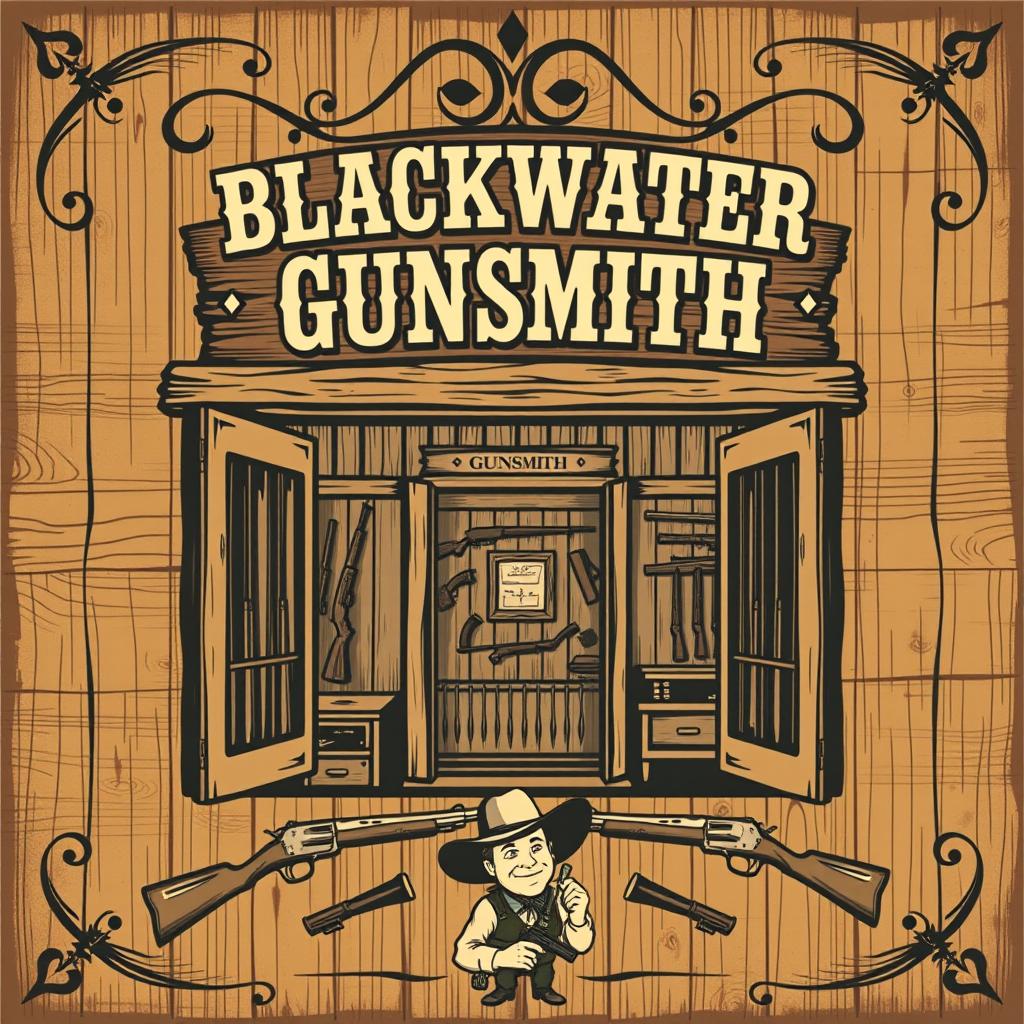 An old western business poster for 'Blackwater Gunsmith', featuring a rustic wooden background with decorative flourishes