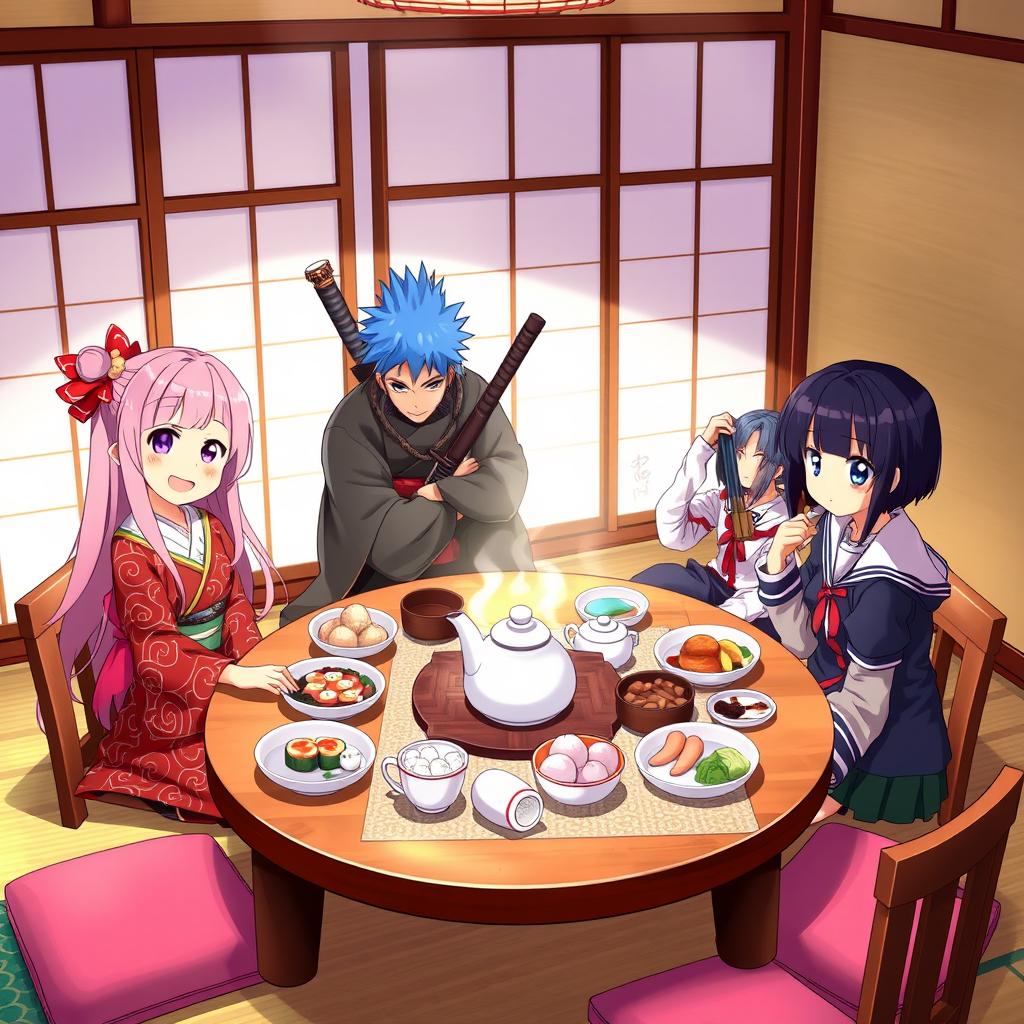 A vibrant anime-style scene depicting several colorful characters sitting around a traditional Japanese table