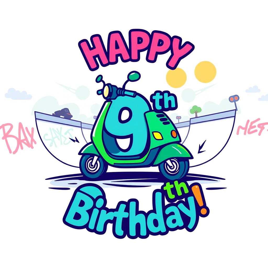 A vibrant and dynamic logo design for a 9th birthday celebration, featuring a stylized illustration of a scooter in a skatepark setting