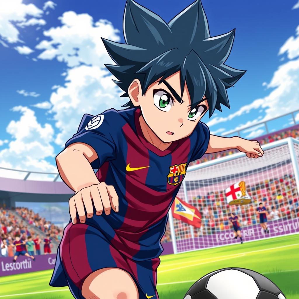 An anime character inspired by the aesthetic of 'Blue Lock', wearing the iconic FC Barcelona jersey