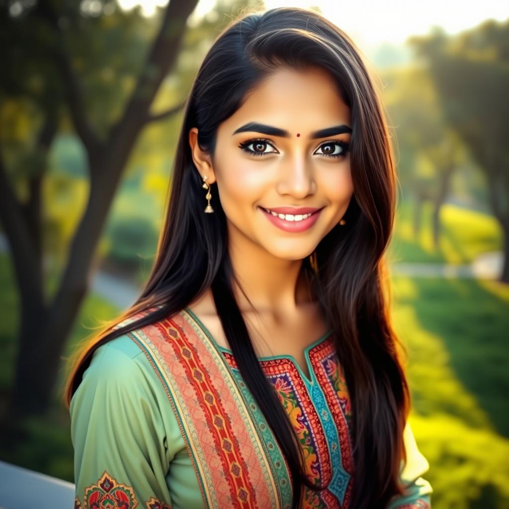 A beautiful young Pakistani woman, 18 years old, with striking features, wearing traditional attire that highlights her cultural background