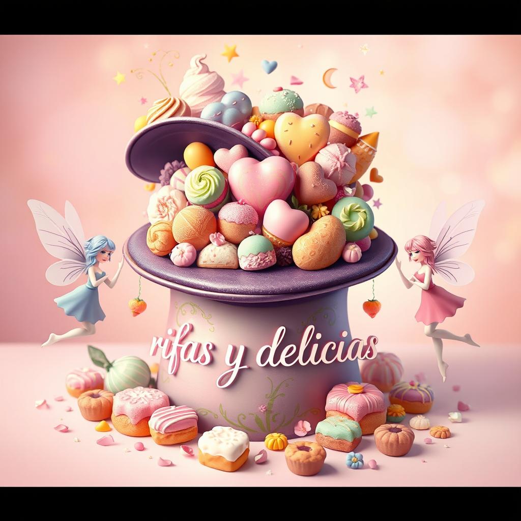 An enchanting image for a company called "rifas y delicias", featuring a whimsical magician's hat overflowing with an assortment of colorful sweets, pastries, and alfajores, all beautifully arranged