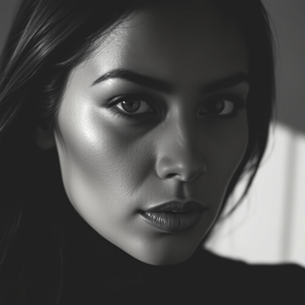 A black and white portrait of a woman with medium to dark skin tone and long dark brown or black hair