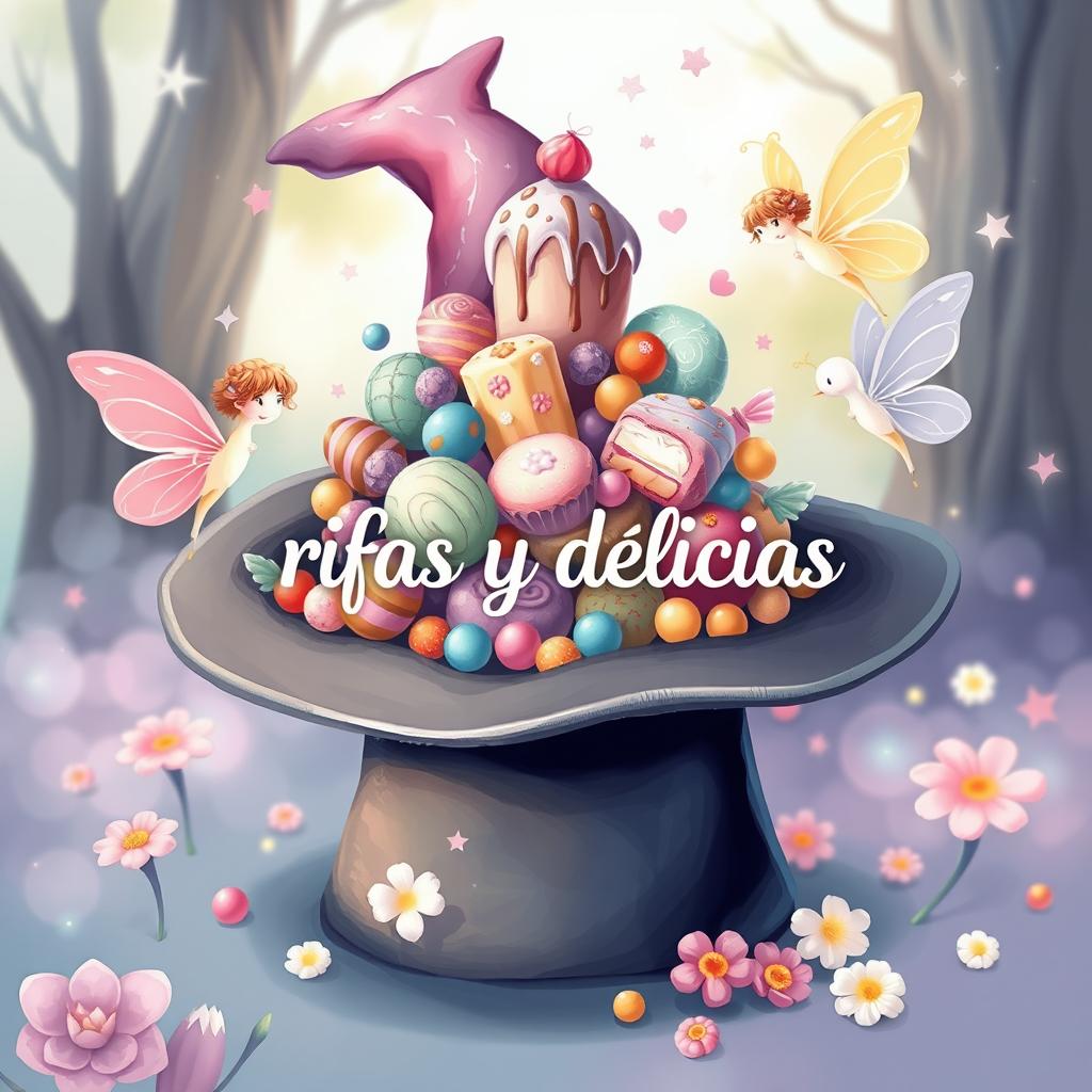 An enchanting illustration featuring a whimsical wizard hat filled with colorful candies, pastel cakes, and alfajores inside