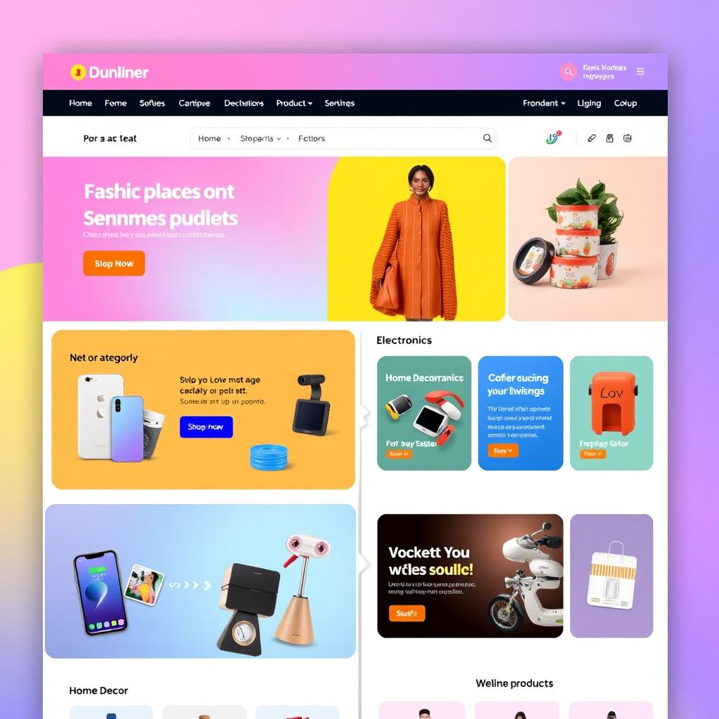 A vibrant, stylish website layout for an online marketplace, showcasing various categories like fashion, electronics, home decor, and wellness products