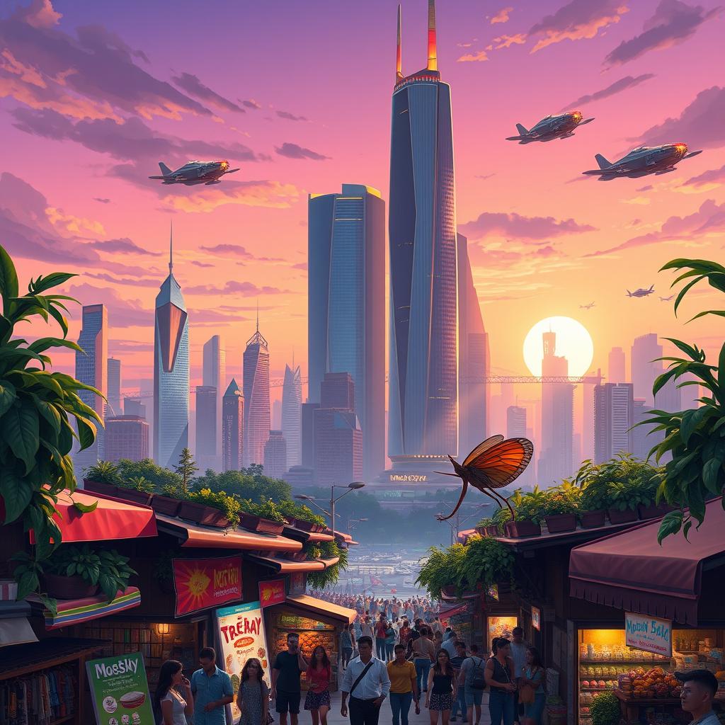 A stunning digital illustration of a futuristic city skyline at dusk, featuring towering skyscrapers with innovative architecture, glowing neon lights, and flying cars